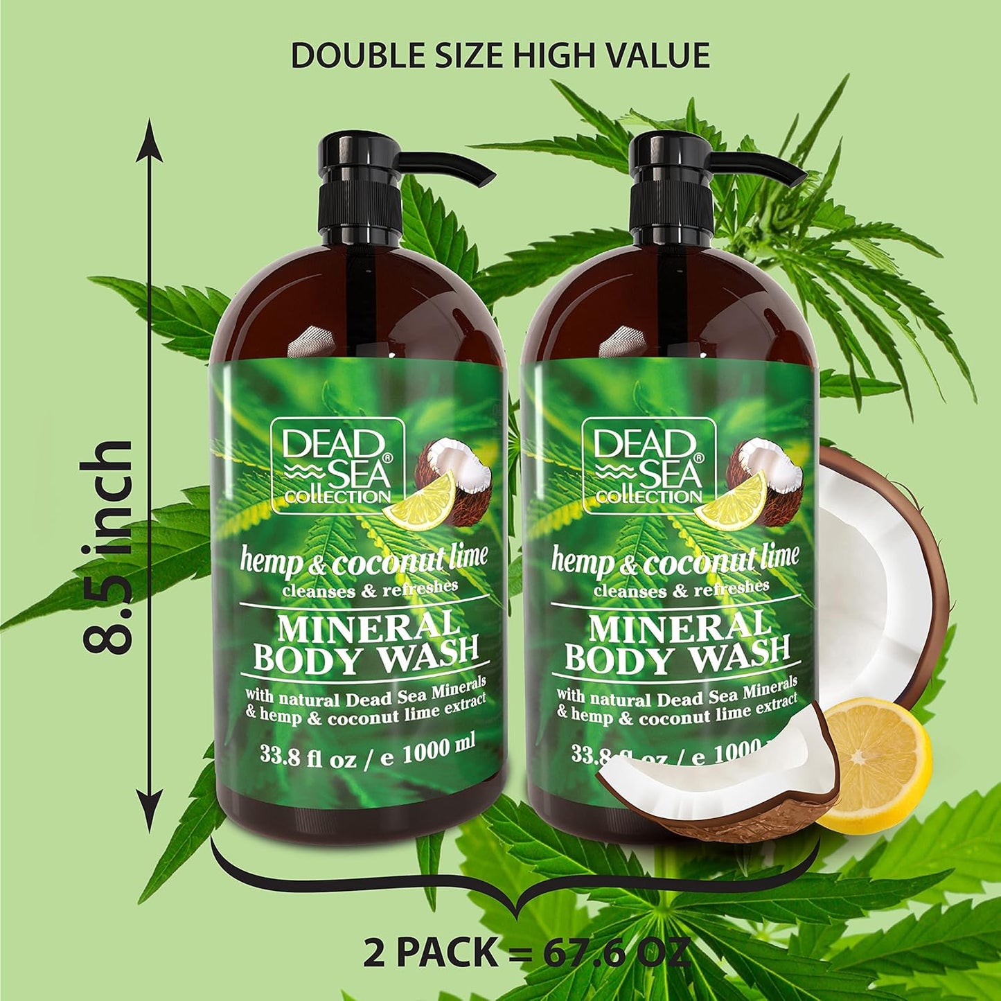 Dead Sea Collection Hemp & Coconut Lime Body Wash for Women and Men – with Pure Dead Sea Minerals - Cleanses and Moisturizes Skin - Pack of 2 (67.6 fl. oz)