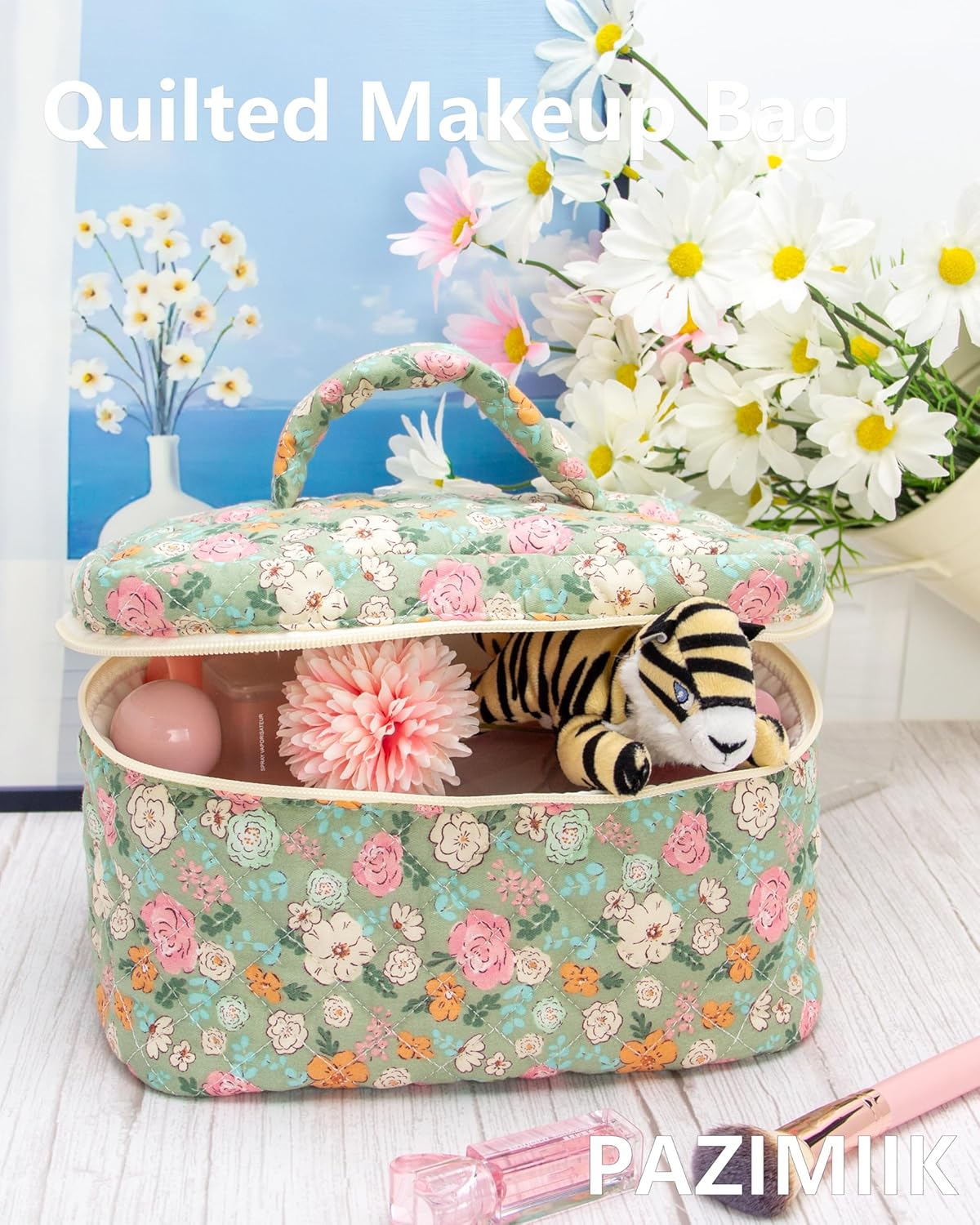PAZIMIIK Quilted Makeup Bag Large Travel Zipper Soft Cosmetic Case for Women Girls Make Up,Green Flower