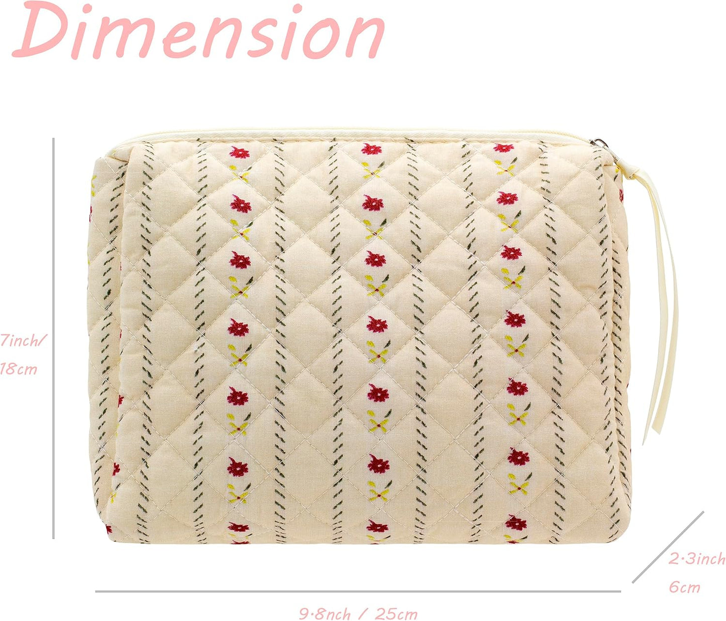PAZIMIIK Quilted Makeup Bag Large Travel Zipper Soft Cosmetic Pouch for Women Girls Make Up,Little Flower Beige