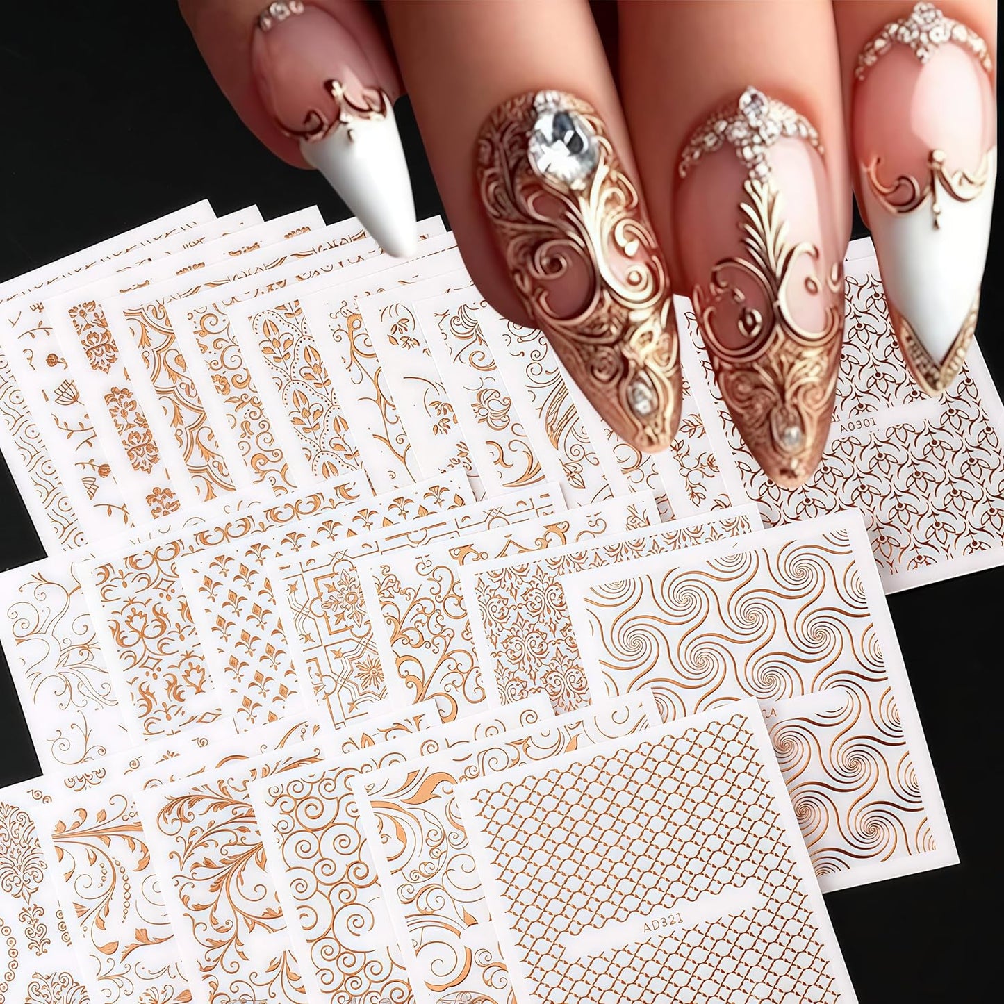 30 Sheets Lace Flower Nail Art Sticker 3D Self-Adhesive Hollow Rose Golden Lace Floral Vine Decals Irregular Geometric Manicure Sliders for Spring Summer Women Acrylic Nail Decorations