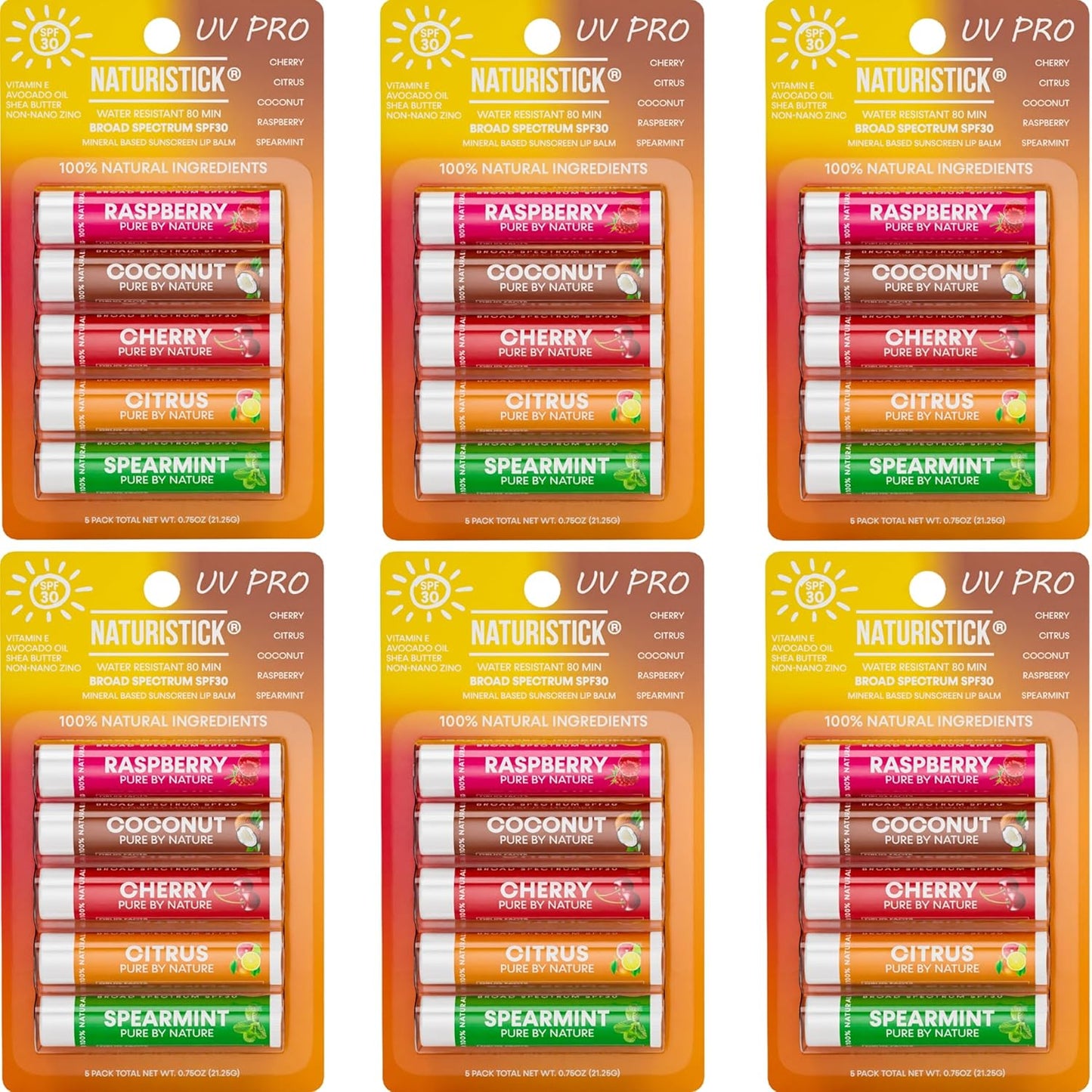 Naturistick SPF 30 Vegan Lip Balm – Mineral Sunscreen (Zinc Oxide) | Broad Spectrum UVA/UVB | 100% Natural, Coral-Friendly Formula | 30-Pack Raspberry, Coconut, Cherry, Citrus, Spearmint | Made in USA