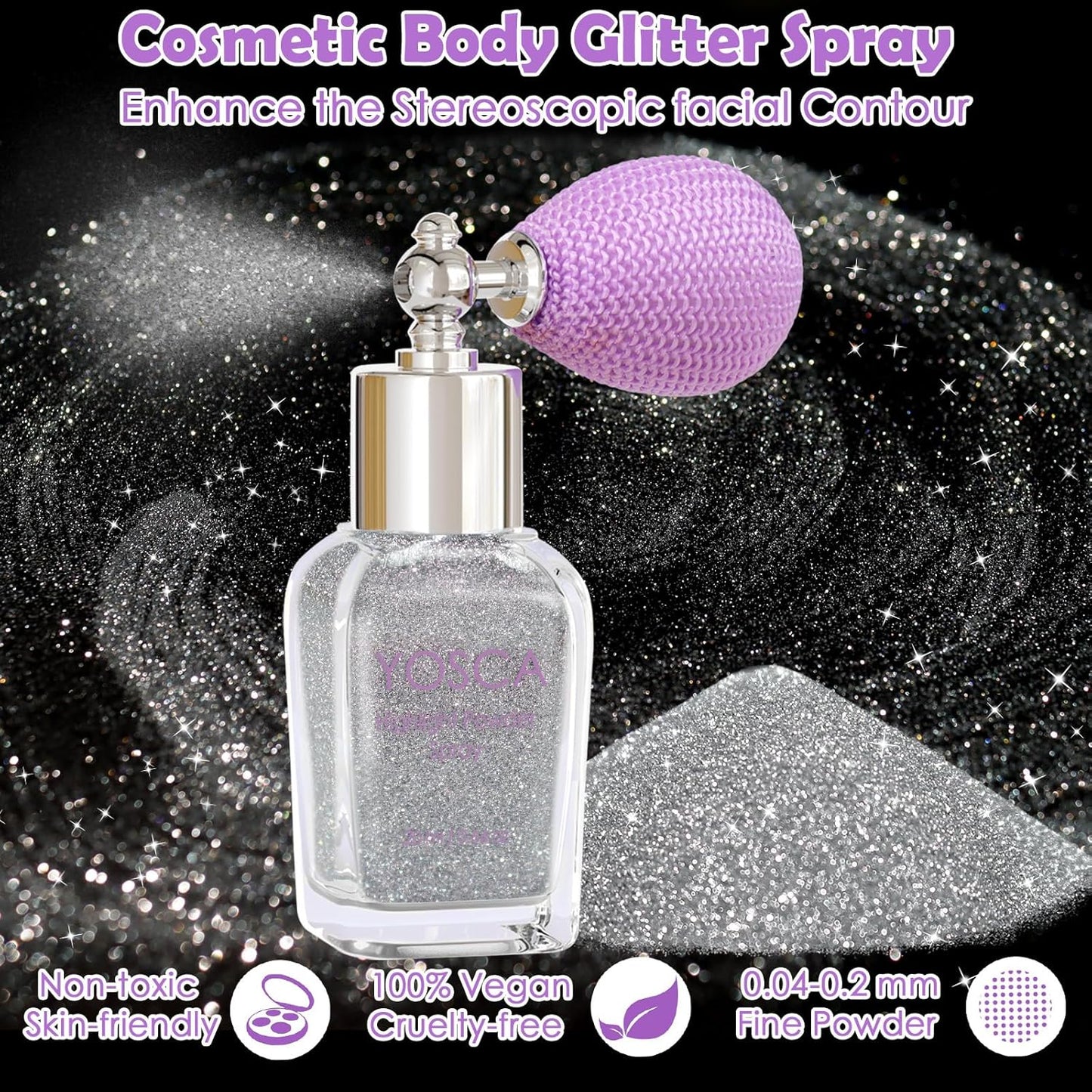 Yosca Body Glitter Spray, 30ML Diamond Body Shimmer Powder Hair Spray Silver Glitter Sparkle Highlighter Makeup Festival Concert Party Mardi Gras Rave Accessories for Rave Clothes Hair Face Nail Art