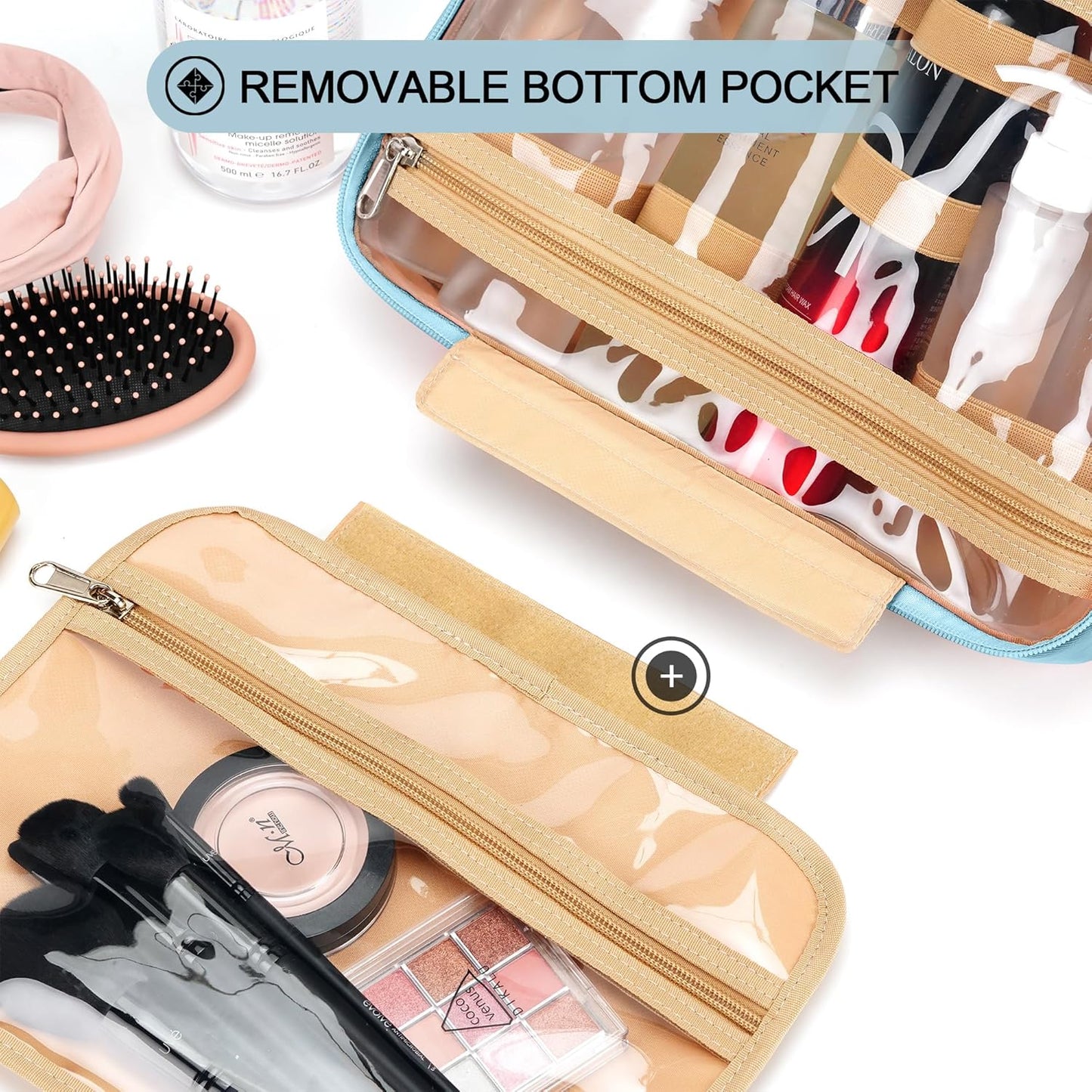 Travel Hanging Toiletry Bag for Women, Cruise Ship Essentials, with Jewelry Organizer, Extra Large Makeup Dopp Kit, Waterproof Cosmetic Bags, Toiletries Kit Set with Trolley Belt, Sky Blue