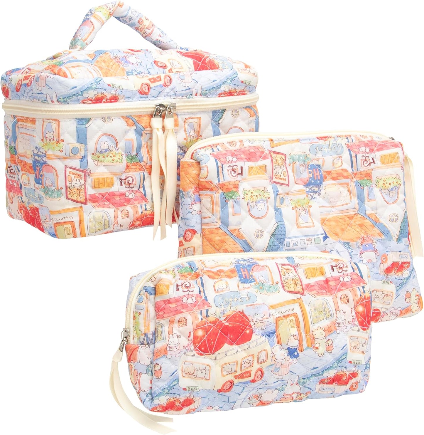 PAZIMIIK 3PCS Makeup Bag SET Large Travel Quilted Zipper Soft Cosmetic Case Pouch for Women Girls Make Up,Little Bunny