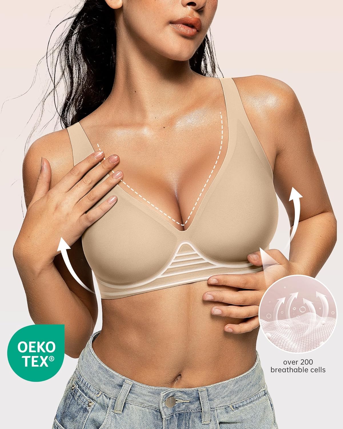 OEAK Womens Deep V Bras Wireless Comfortable Bra Supportive No Underwire Bras Tshirt Push Up Bralettes Plunge Seamless Bra
