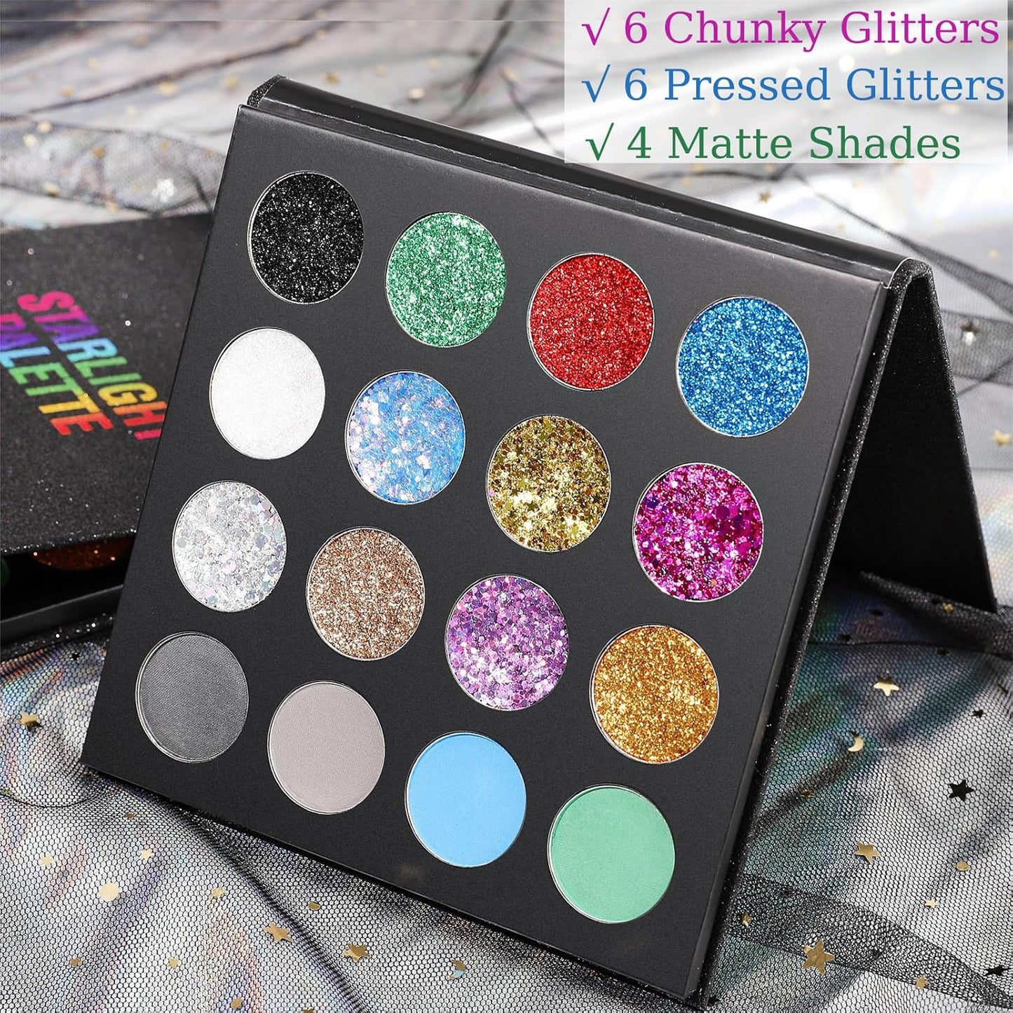 UCANBE Glitter Eyeshadow Makeup Palette - 12 Face Body Chunky & Fine Pressed Glitter + 4 Eye Shadow Powder Make Up Pallet for Theater Party Cosplay Halloween Christmas, Highly Pigmented Ultra Shimmer