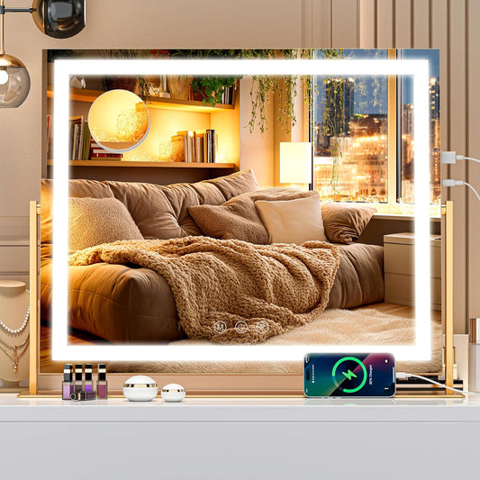 Vanity Mirror with Lights, 24'' x 20'' Lighted Makeup Mirror, Touch Screen with 3-Color Lighting, Dimmable for Vanity Desk Tabletop Square Gold