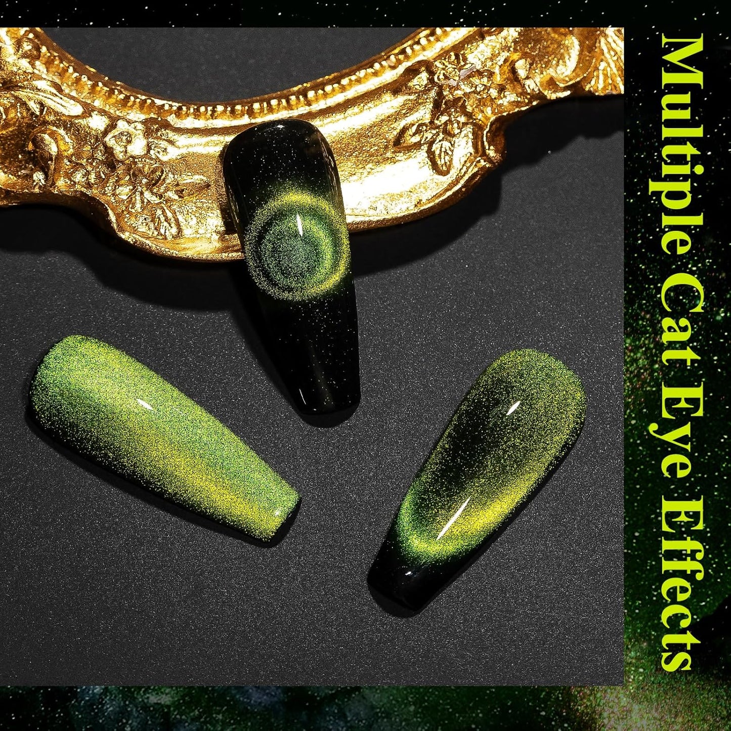 MIZHSE 9D Cat Eye Gel Nail Polish, Bright Green Magnetic Gel Polish with Magnet Stick, Magic Shimmer Galaxy Effect Holographic Glitter Silky Cat Eye Nail Polish Soak Off Nail Art Manicure at Home