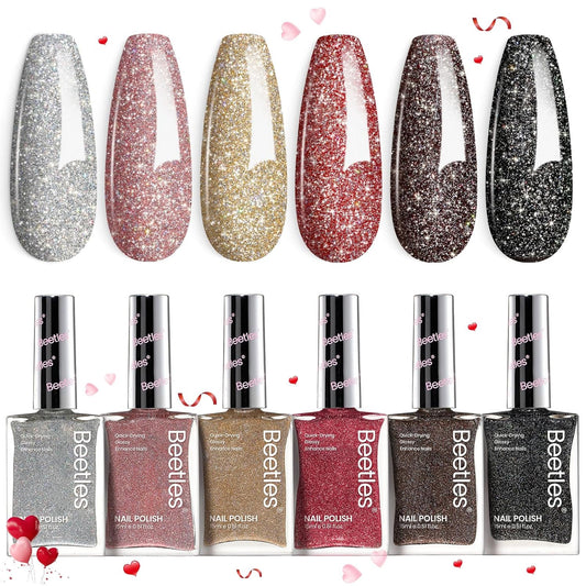 Beetles Glitter Nail Polish Set, 6 Color Silver Pink Gold Red Brown Black Quick Air Dry Nail Polish Natural Elegant Nail Lacquer Manicure DIY Nail Art Salon Gifts For Women