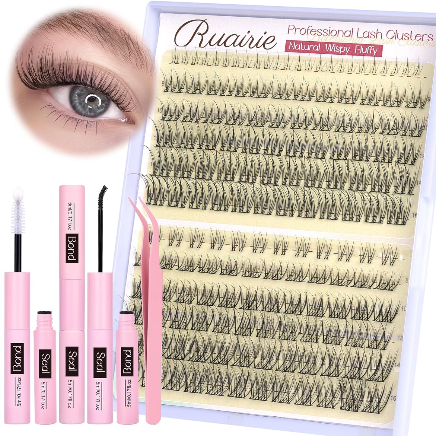Ruairie Lash Clusters Kit Natural Lash Extension Kit 4 Styles Wispy Eyelash Extension Kit D-Curly Eyelash Clusters Kit 156pcs Cluster Eyelash Extensions Kit with Bottom Lash Clusters