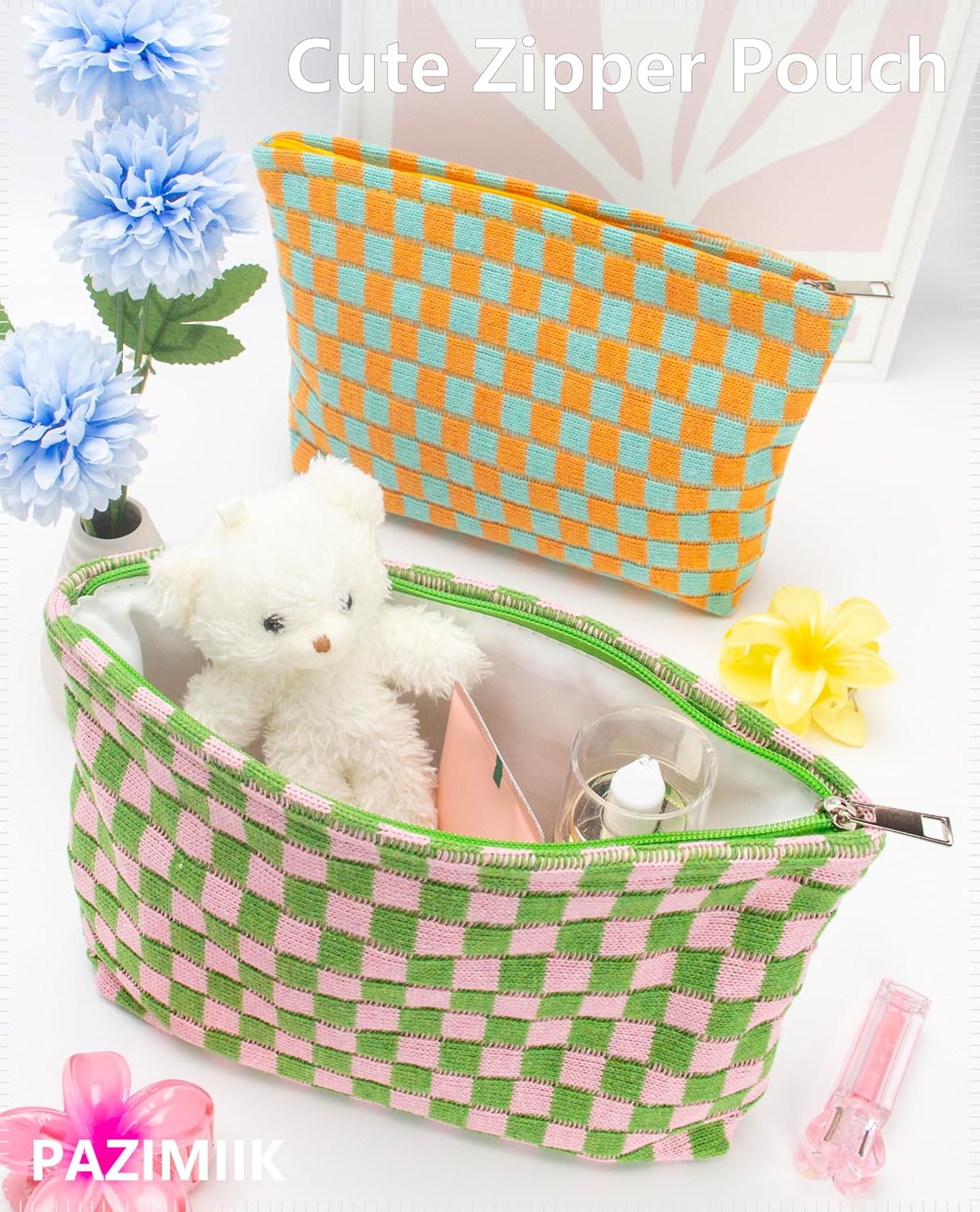 PAZIMIIK Knitted Checkered Makeup Bag Large Zipper Make Up Accessory Pouch for Purse Cosmetic Brush Bag for Travel Essential Pink Green