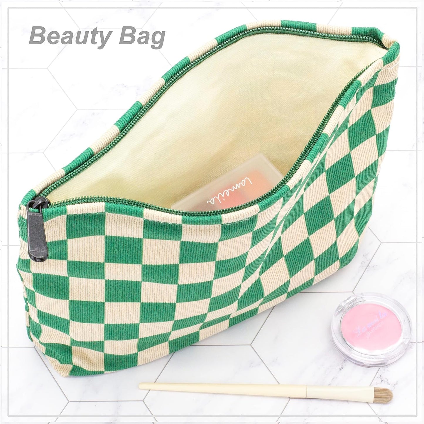PAZIMIIK Makeup Bag Large Zipper Corduroy Make Up Pouch for Purse Travel Canvas Cosmetic Organizer for Women Brush Storage,Checkered Green