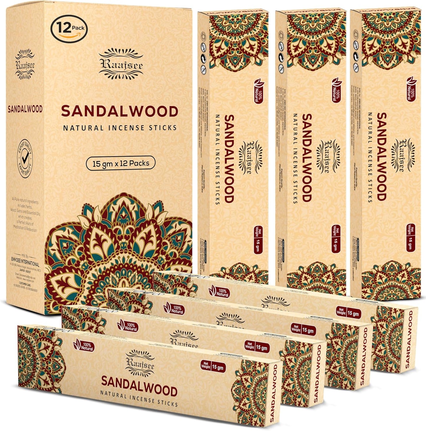 Raajsee Sandalwood Incense Sticks (180 gm), 100% Pure Organic Natural Hand Rolled Free from Chemicals - Sandalwood Incense Perfect for Aromatherapy, Cleansing, Meditation, and Church (Pack of 12)