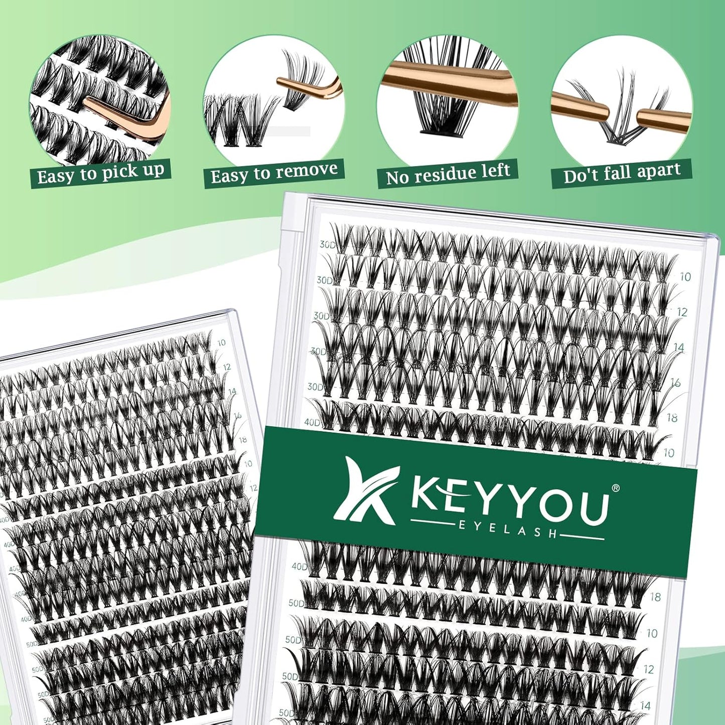 Lash Clusters 300pcs Individual Lashes 30D+40D+50D 0.07C Curl 10-18MIX DIY Eyelash Extension KEYYOU Large Tray Volume Soft&Natural Eyelash Clusters(30D+40D+50D-0.07C,10-18MIX）