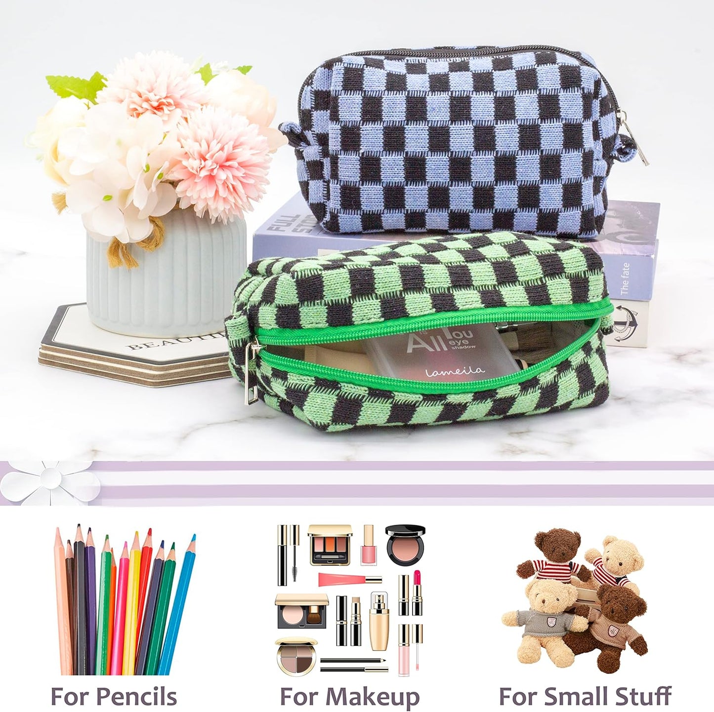 PAZIMIIK Checkered Makeup Bag for Purse Portable Zipper Make Up Pouch Small Cosmetic Case for Travel Accessories (2PCS Green Blue)